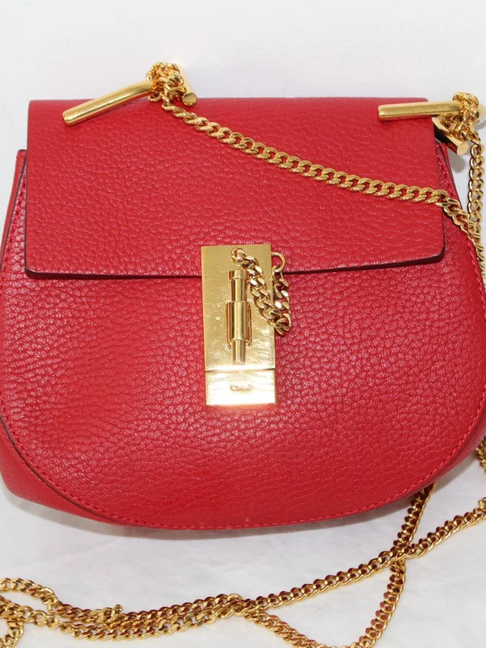 Chloe Chloé Drew Shoulder Bag Crossbody Red Leather Gold Hardware Chain Strap